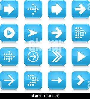 16 Pfeil-Icon set 01. White anmelden blau gerundete Quadrat-Taste mit grauen Reflexion, schwarzer Schatten auf weißem Hintergrund. Stock Vektor