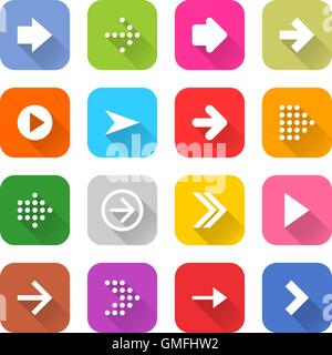 16 Pfeil-Icon set 01 weißes Schild auf Farbe. Web-Taste auf weißem Hintergrund. Einfache minimalistischen mono flach lange Schatten-Stil Stock Vektor