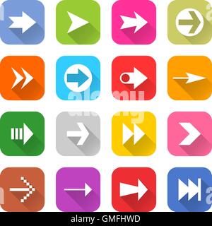 16 Pfeil-Icon set 01 weißes Schild auf Farbe. Web-Taste auf weißem Hintergrund. Einfache minimalistischen mono flach lange Schatten-Stil Stock Vektor