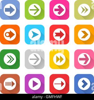 16 Pfeil-Icon set 01 weißes Schild auf Farbe. Web-Taste auf weißem Hintergrund. Einfache minimalistischen mono flach lange Schatten-Stil Stock Vektor