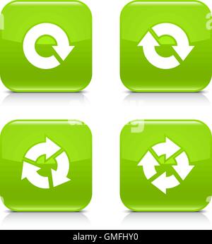 4 Pfeil-Symbol. Weiße Rotation wiederholen, aktualisieren, laden Sie Zeichen. Setzen Sie 04. Grün gerundet Quadrat-Taste mit grauen Reflexion Stock Vektor
