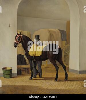 Adriaan van der Hoop Trotter "De Rot' im Coach House, von Anthony Oberman, 1828, niederländische Malerei, Öl auf Leinwand. Champion Pferd hat eine verzierte Trense, und seine Rute wird gefesselt und mit einer Rosette im englischen Stil verziert. (BSLOC 2016 1 328) Stockfoto