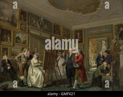 Die Kunst-Galerie von Jan Gildemeester Jansz, von Adriaan de Lelie, c. 1794 / 95, niederländische Malerei, Öl auf Holz. Gildemeester konvertiert zwei Zimmer in seinem Haus auf der Amsterdamer Herengracht anzuzeigenden seine Kunstsammlung, darunter ein Gemälde von Rembrandt (BSLOC 2016 2 127) Stockfoto