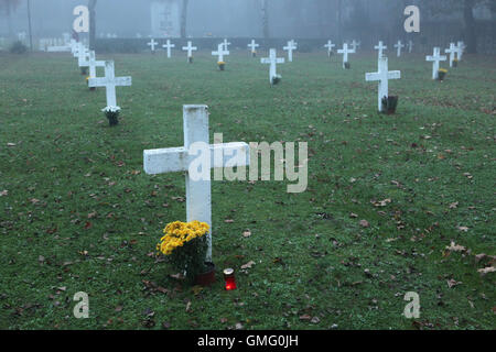 Beleuchtung, Kerzen und Blumen, die neben des weißes Kreuze auf der Allerheiligen auf dem ersten Weltkrieg-Denkmal auf dem Friedhof Olsany in Prag, Tschechische Republik, am 2. November 2014. Stockfoto