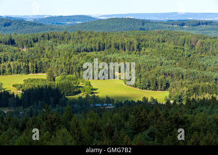 Luftaufnahme von Lookout U Jakuba tschechische Landschaft als Böhmisches Kanada bekannt. Touristischer Ort. Ich betrachte den Wald, Feld und Wiesen Stockfoto