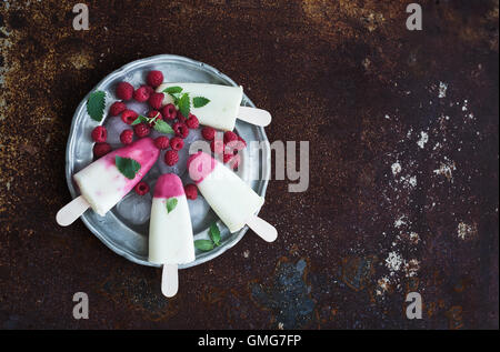 Himbeer-Limette Yougurt Eis oder Eis am Stiel mit frischen Beeren und Eis-cubeson Stockfoto