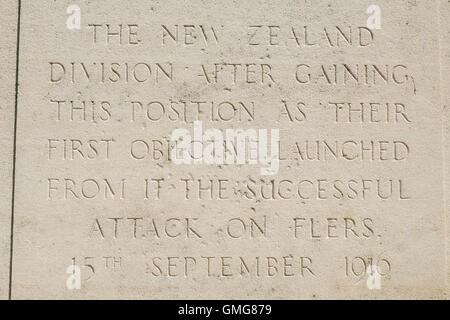 Auf das Ziel, die von der New Zealand Division gewonnen, während der Schlacht an der Somme wurde der New Zealand National Memorial errichtet. Stockfoto