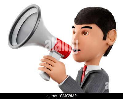 3D Renderer Bild. Geschäftsmann mit einem Megaphon. Business-Konzept. Isolierten weißen Hintergrund. Stockfoto