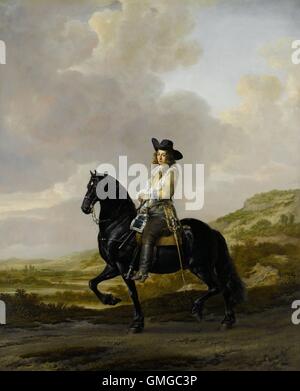 Pieter Schout auf dem Pferderücken, Thomas de Keyser, 1660, niederländische Malerei, Öl auf Kupfer. Pieter Schout, Sheriff Haugestein, Reiten in einer Dünenlandschaft (BSLOC 2016 3 134) Stockfoto