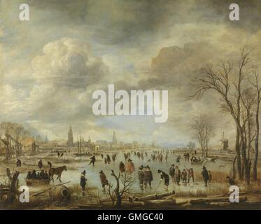 Fluss im Winter von Aert van der Neer, 1655-60, niederländische Malerei, Öl auf Leinwand sehen. Menschen auf dem Eis Schlittschuhlaufen und Kolf Spiel mit Golfclub wie Sticks genannt Kolf Clubs Sajet Kugeln getroffen. Andere Fische Eis oder Fahrt in der Pferdekutsche Schlitten (BSLOC 2016 3 137) Stockfoto