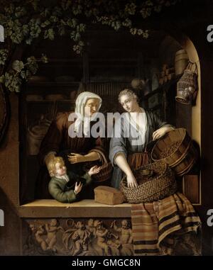 Der Lebensmittelladen von Frans van Mieris (II), 1715, niederländische Malerei, Öl auf Holz. Zwei Frauen und ein kleiner Junge in das offene Fenster in einem Lebensmittelgeschäft. Der Shop zeigt viele Produkte: Käse, Rosinen, Kastanien, Eiern und mehr drin. (BSLOC 2016 3 185) Stockfoto