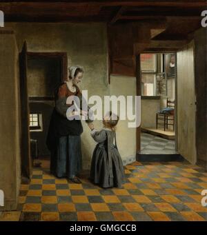 Frau mit einem Kind in eine Speisekammer, von Pieter de Hooch, c. 1656-60, niederländische Malerei, Öl auf Leinwand. Der Innenraum durchläuft Stockfoto