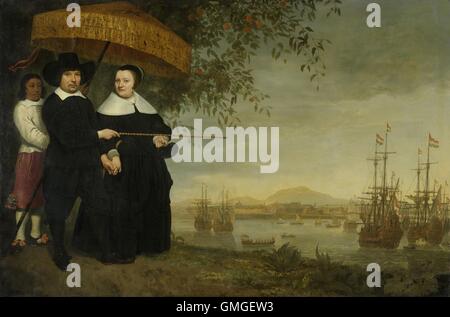 VOC Senior Merchant von Aelbert Cuyp, c. 1640-60, niederländische Malerei, Öl auf Leinwand. Porträt eines senior Kaufmanns aus der East India Company, vermutlich Jacob Mathieusen und seine Frau. Mathieusen verweist auf die Flotte vor Anker, bereit um wieder Ne (BSLOC 2016 6 257) Stockfoto