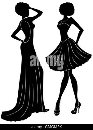 Abstrakte charmante schlanke Damen in langen und kurzen Kleidern, stilisierte Hand Zeichnung schwarze Schablone Vector Silhouetten Stock Vektor