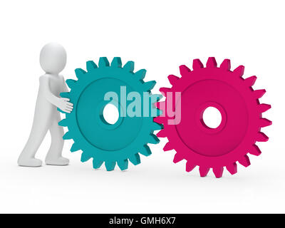 3D Mann schieben Getriebe Stockfoto