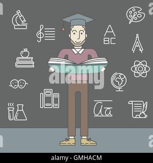 Mann mit Graduation Cap und Buch. Stock Vektor