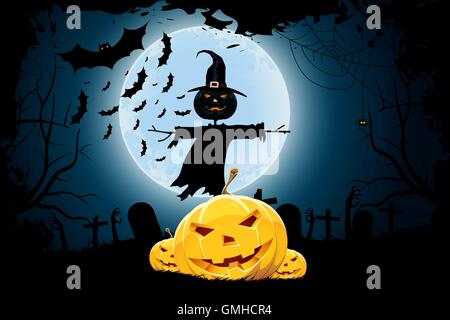 Grunge Halloween-Hintergrund mit Kürbissen und Vogelscheuche Stock Vektor