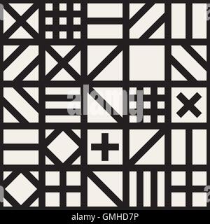 Nahtlose schwarz Vektor & weiße geometrischen Quadrat unregelmäßige Tiling-Fachwerk-Stil-Muster Stock Vektor
