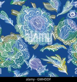 Kreative blaue romantische Muster mit leuchtenden Blumen Stock Vektor