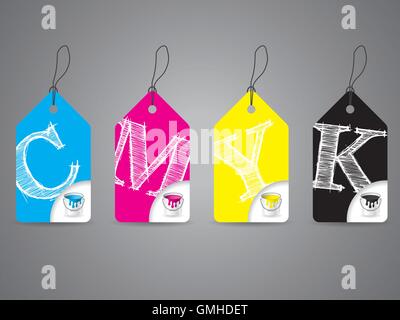 CMYK-Etiketten mit Farbe und kritzelte text Stock Vektor