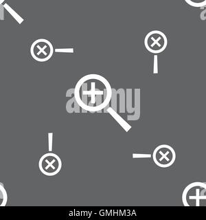 Lupe, Zoom-Werkzeug-Symbol-Zeichen. Nahtlose Muster auf einem grauen Hintergrund. Vektor Stock Vektor