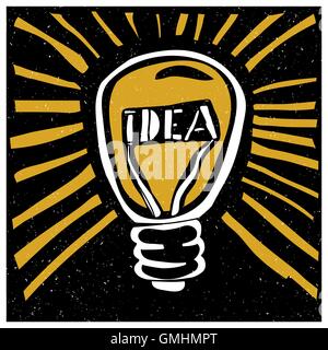 Idee-Konzept-Darstellung. Lightbuld mit Strahlen und "Idee"-Wort. Stock Vektor