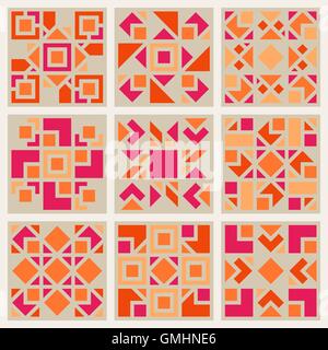 Vektor-geometrische quadratisches Muster Design Element Set in Pink und Orange Stock Vektor