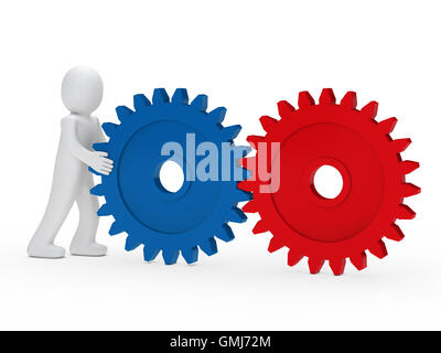 3D Mann schieben Getriebe Stockfoto