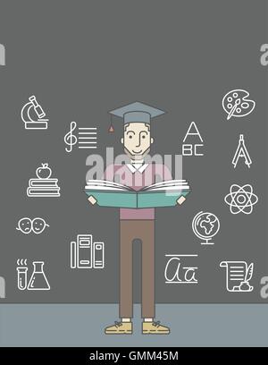 Mann mit Graduation Cap und Buch. Stock Vektor
