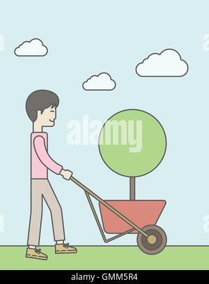 Mann schieben Karren. Stock Vektor