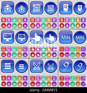 Haus, QR-Code, Lautsprecher, Monitor, Hand, MIN, Apps, Schere, neun. Eine große Anzahl von bunten Tasten. Vektor Stock Vektor