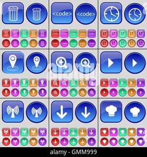 Mülleimer, Code, Uhr, Checkpoint, Magnifying Glas, Media Play, Wi-Fi, Pfeil nach unten, Cooking Hut. Eine große Anzahl von bunten b Stock Vektor