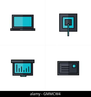 Laptop, Ziel, Grafik, e-Mail Symbole schwarze und blaue Farbe Stock Vektor