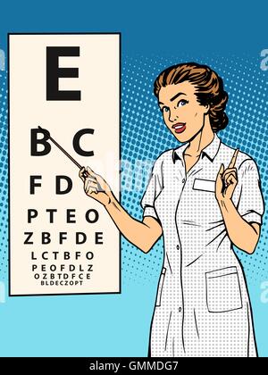 Frau Augenarzt Tabelle Überprüfung der Ansicht Stock Vektor