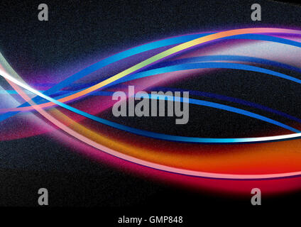 Helle Streifen und leuchtende Wellen auf schwarzem Hintergrund bedeckt glühende Spritzen Stockfoto