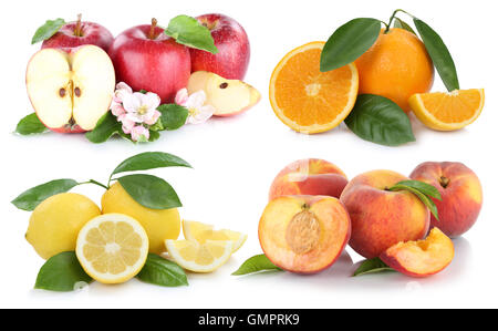 Obst Apfel orange Pfirsich Äpfel Orangen Sammlung isoliert Stockfoto