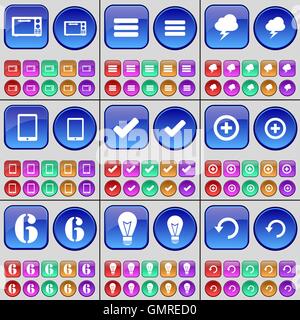 Mikrowelle, Apps, Cloud, Tablet, kreuzen, Plus sechs, Glühbirne, Reload. Eine große Anzahl von bunten Tasten. Vektor Stock Vektor