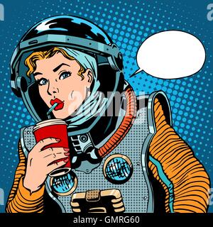 Weibliche Astronauten trinken soda Stock Vektor