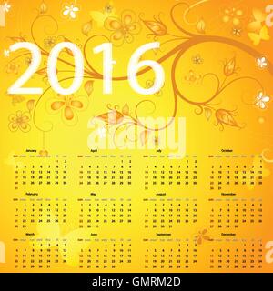 Floral gelbe Kalender für das Jahr 2016 Stock Vektor