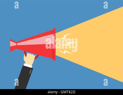 Menschliche Hand Holding Megaphon. Social-Media-marketing-Konzept. Stock Vektor