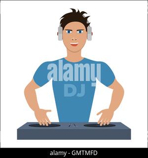 Lächelnd DJ mit Konsole auf weißem Hintergrund Stock Vektor