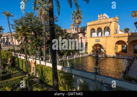 Estanque de Mercurio (Merkurs Pool) und Jardín de Las Damas, Real Alcázar, Sevilla, Andalusien, Spanien Stockfoto