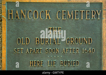 Eingang-Plaque, Hancock Cemetery in Quincy, Massachusetts Stockfoto