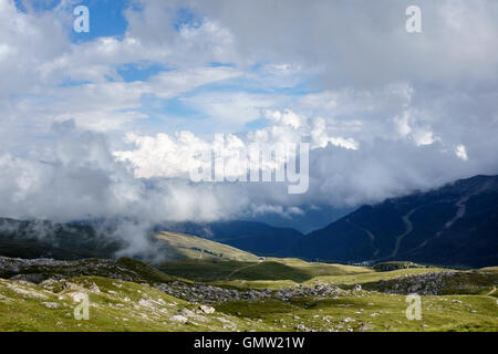 Die Dolomiten, Trentino, Norditalien. Blick von der Rifugio Passo Delle Selle über den Passo San Pellegrino im Sommer Stockfoto