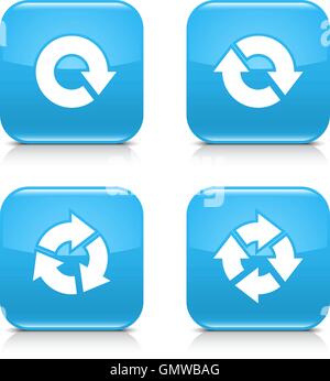 4 Pfeil-Symbol. Weiße wiederholen, neu laden, aktualisieren, Drehung Zeichen. Setzen Sie 04. Blaue Quadrat-Taste mit grauen Reflexion, schwarze Shado gerundet Stock Vektor
