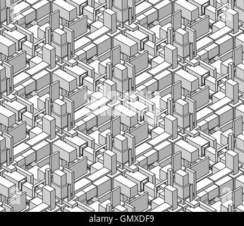Vektor und nahtlose schwarz schattiert isometrische Blöcke Cubic Stadt Zusammensetzung Muster Stock Vektor