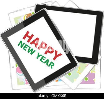 Smartphone mit Vektor Happy New Year Grüße auf dem Bildschirm, Vektor-Urlaub-Karte Stock Vektor