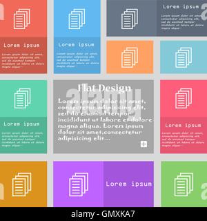 Kopieren Sie Datei, duplizieren Sie Dokument-Symbol Zeichen. Reihe von bunten Tasten mit Platz für Text. Vektor Stock Vektor