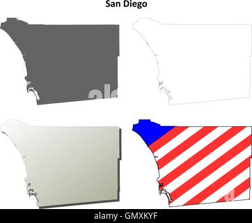 San Diego County, Kalifornien Umriss Karte gesetzt Stock Vektor