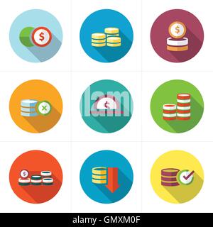 Münzen Icons Set-Design flach Stock Vektor